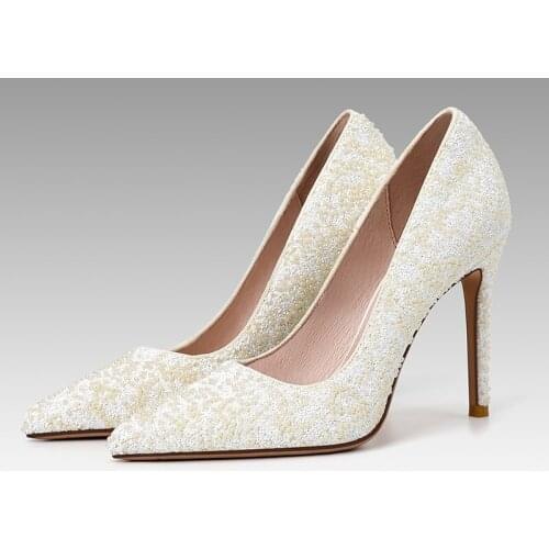 Spring sequined pearl stiletto high-heeled large size small size bridal wedding shoes low-heeled party dress womens single shoe