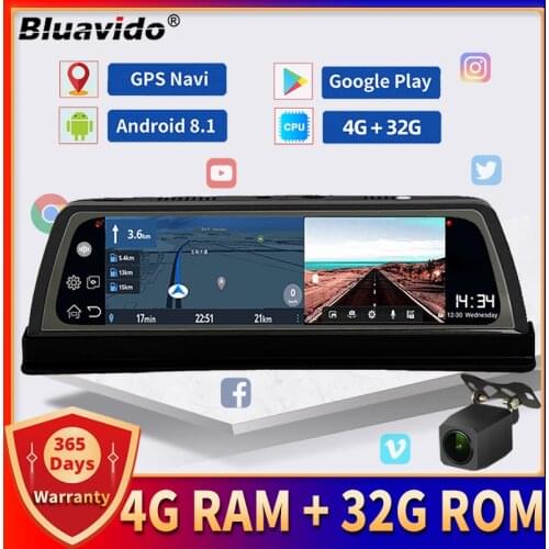 Bluavido 4G Android Video Recorder 10" IPS Car Dashboard Camera GPS Navigation 1080P Dual Lens DVR ADAS WiFi Remote Surveillance