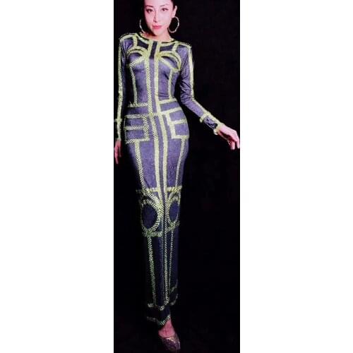 Bright Black Gold Rhinestones Long Sleeves Dress Nightclub Women Singer Dance Show Dress Womens Birthday Celebrate Dress DJ1018