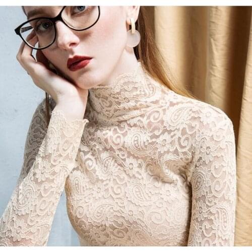 2020 New Elegant Women Long Shoulder Turtleneck Long Sleeve High Quality Lace Slim Top Shirt Hollow Out New Clothes Tops EYJ143