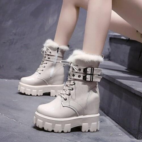 Shoes Women Winter Warm Motorcycle Boots 2021 British Style Platform Sneakers 10CM Heels Thick Bottom Plush Leather Boots Woman