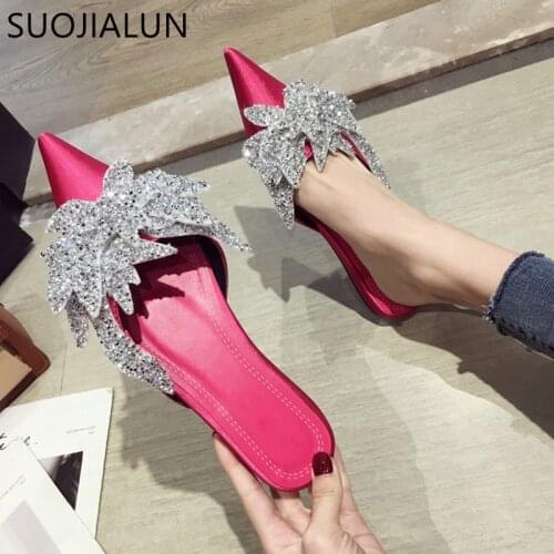 SUOJIALUN 2019 Spring Summer Flat Mules Shoes Women Fashion Crystal Slippers Casual Slip On Flats Heel Slides Elegant Sandals