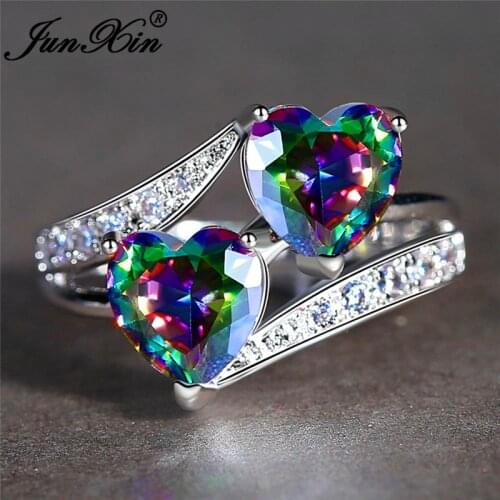 Female Multicolor Crystal Double Heart Ring White Gold Blue Purple Green Zircon Stone Wedding Rings For Women Jewelry Cz