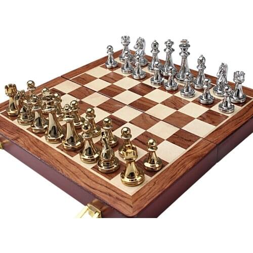 12 Inches Walnut Chess Set -with Metal Chess Pieces Handmade Portable Chess Board Game Sets With Game Pieces Storage Slots