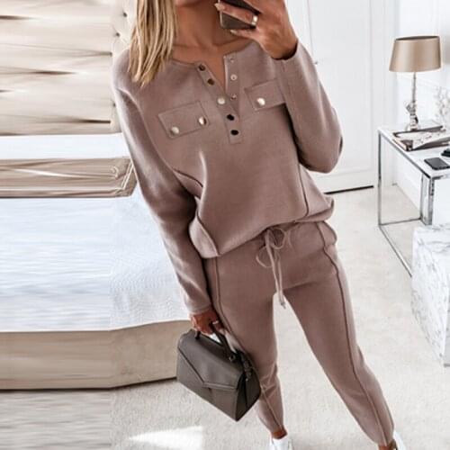 2021 Fashion Round Neck Button Top + Elastic Waist Pants Ladies Suit Sportswear Autumn And Winter Office Ladies Sportswear Suit