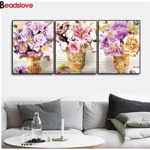 5d diy painting rose vase flowers art full square round drill diamond painting mosaic embroidery cross stitch 3 pcs home decor