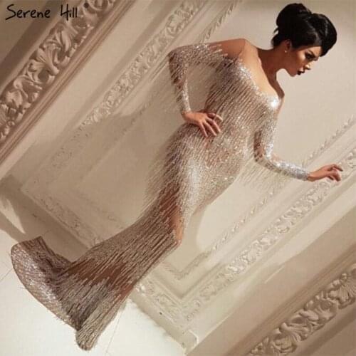 Dubai Champagne Long Sleeve Sexy Prom Dresses 2020 Beading Tassel Elegant Mermaid Prom Gowns Serene Hill BLA6559