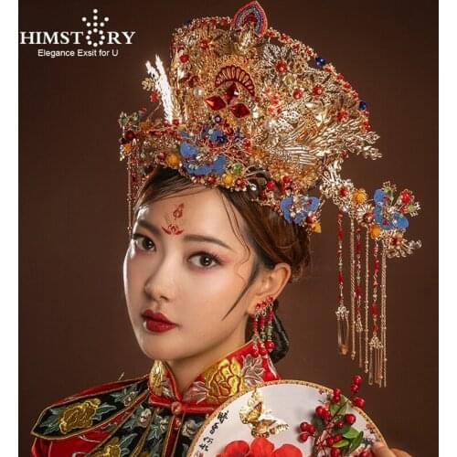 HIMSTORY Luxurious Retro Chinese Phoenix Hair Crown Bridal Hairwear Vintage Queen Headbands Stage Show Wedding Hair Accessories