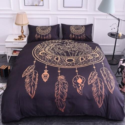 Dream catcher Bedding Set King Feathers Duvet Cover Pillowcase Bohemian Feathers Bedclothes 2/3pcs Black Home Textiles