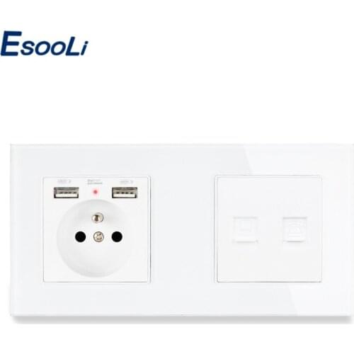 Esooli Glass Panel French Standard Wall Socket with 2 USB + RJ45 Internet Computer Connector and RJ11 Telephone Outlet