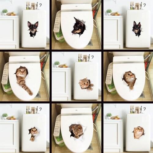 New Style 3D Kitten Puppy Wall Stickers Cool Toilet Chamber Pot Cabinet Stickers