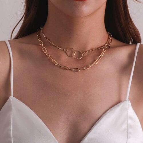 Alloy Square Thick Chain Circles Pendant Necklaces for Women Gold Color Fashion Jewelry Short Necklace Female Clavicle Chains