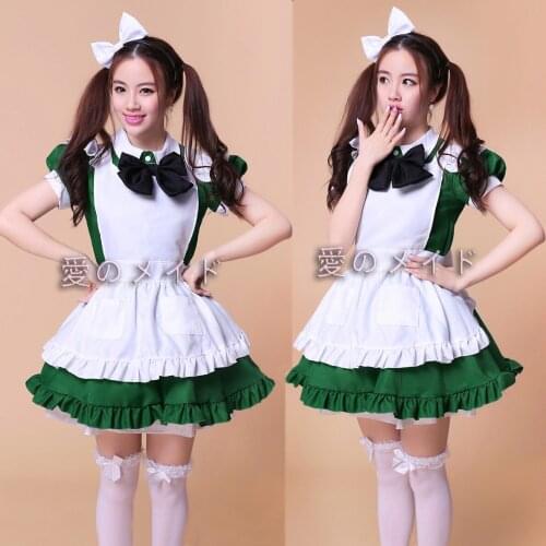 Japanese Anime Style Maid Cosplay Servant Dress Green Cute Lolita Outfit Puff Short Sleeve Dresses Costume Suit Apron Dresses