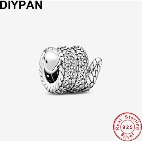 Fit Original Pandora Charms 925 Silver Bracelet Sparkling Wrapped Snake Charm Beads Women Silver Fasion Jewelry Berloque