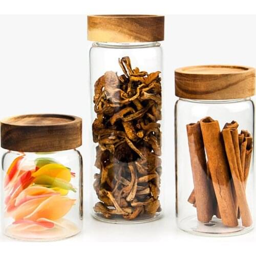 300/550/750ML Glass Dried Fruit Nut Food Container Storage Honey Pots With Wooden Cover