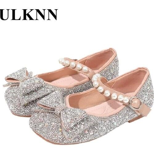 Girls Flat Crystal Shoes Princess 2021 New Childrens Little Baby Bowknot Single Rhinestone Shoes Cuhk Kids Small Leather Shoes