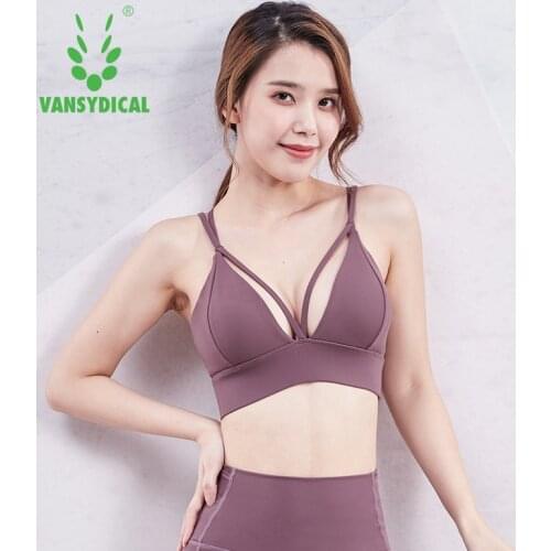 Vansydical Women Sexy V-Neck Sports Bra Cross Yoga Tops Push Up Fitness Workout Crop Tops Female Running Jogging Underwear
