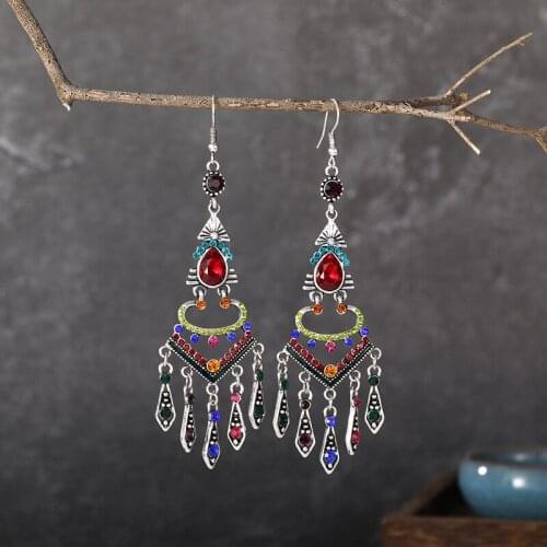 Vintage Women Bridal Wedding Earrings Colorful Rhinestone Geometric Fan-shaped Tassel earrings Jhumka Bohemia Jewelry Danglers