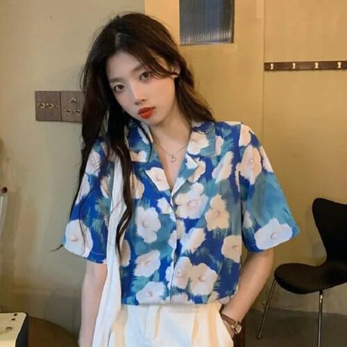 2021 Summer Sweet Style Floral Pirnt Womens Blouse Short Sleeve Shirt Oversize Ladies Tops Loose Button Up Female Clothing