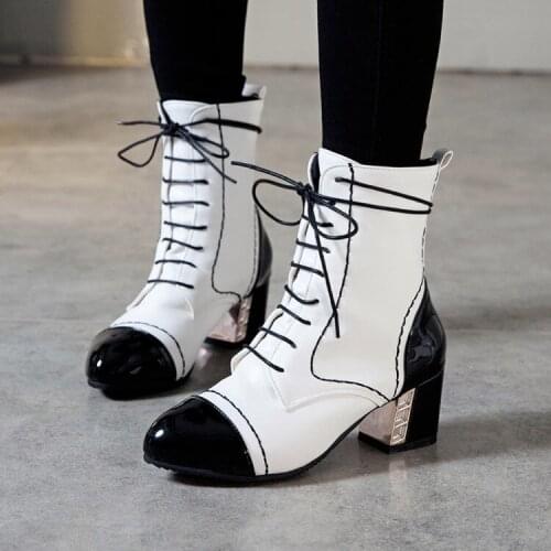 PXELENA Women Ankle Boots 2019 Autumn Winter Chunky Block High Heels Combat Boots Lace Up Mixed Color Shoes Plus Size 43