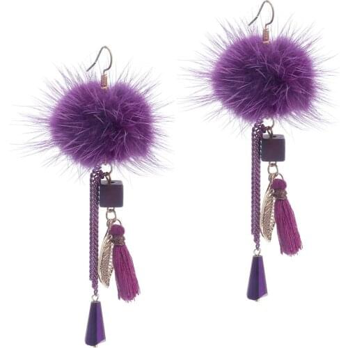 Purple Mink Hair Ball Tassel Long Earrings Handmade Fashion Statement Drop Winter Pendientes For Women brincos Wedding Jewelry
