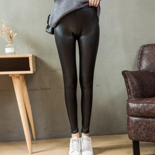 NORMOV PU Women Leggings Sexy Bodycon High Elastic Waist Push Up Faux Leather Ankle Length Leggings Solid Slim Legggings Female