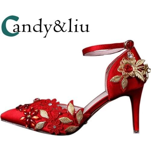 Women Retro Wedding Shoes Lace Flowers Golden Leaves with Buckle Strap High Heel Pumps Luxury Designers for Party Formal Dress