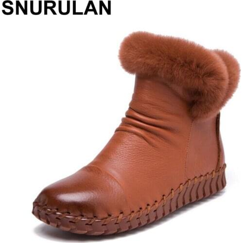 SNURULAN 2017 Handmade Womens Winter Boots Women Real Fur Winter Shoes Woman Genuine Leather Warm Ankle Snow Boots