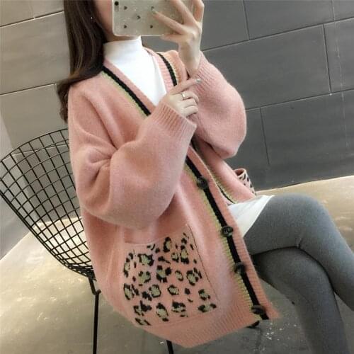 Autumn Winter Women New V Neck Vintage Sweater Female Cute Cartoon Knitted Cardigan Lady Print Cardigan Loose Knitwear Top H155