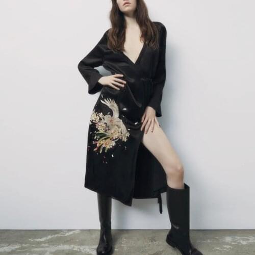 AYUALIN Long Sleeve Kimono Long Dresses For Women Satin Black embroidery Vintage 2021 V Neck Lace Up Boho Beach Cover Up Robe