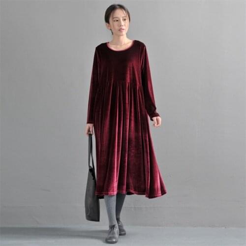 High Quality Women Autumn Winter Velvet Dress Vintage Solid Casual Loose Dress Female Full Sleeve Slim Dress Femme Vestidos