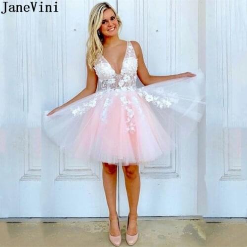 JaneVini Vestidos Cortos Pink Short Homecoming Dress White Lace Handmade Flowers V Neck Blue Robes de Cocktail Dresses 2020