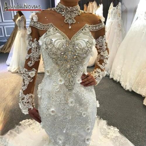 Amanda Novias Real Work Photos Mermaid Wedding Dress 2022 Luxury Full Beading Bridal Dress Mermaid Sleeves