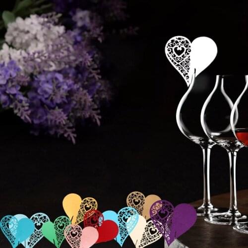 50Pcs Love Heart Wine Glass Name Place Card DIY Baby Shower Flower Seat Cards Table Mark Birthday Wedding Event Party Bar Decor