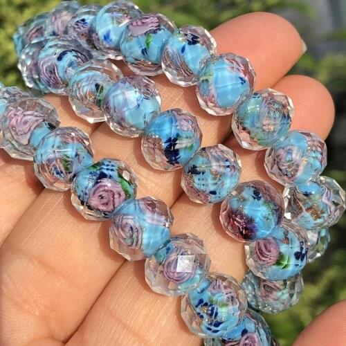 Wholesale Murano Faceted Blue Flower Lampwork Crystal Beads for Bracelet Making Women Diy Accessories Round Glass Large Beads