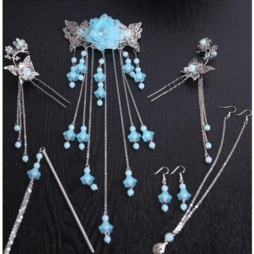 Ancient Hair Accessories Set With Earrings Vintage Hanfu Tassel Headdress Kanzashi Steps Shake Hairpin Chinese Style Hair Clips