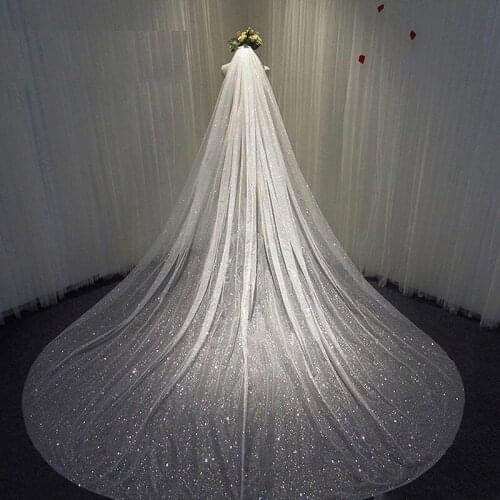 Sparkly Glitters Bling Bling Bridal Wedding Veils 1 Tier Long Bridal Veils Cathedral Length Handmade Soft Tulle Sequins Bride Ve