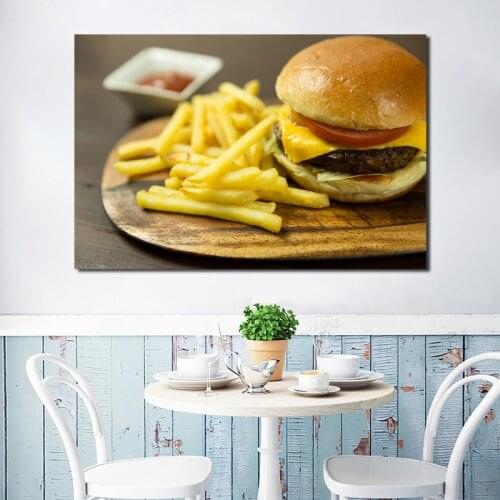 French Fries Beef Burger Fast Food Canvas Posters Prints Wall Art Painting Oil Decorative Picture Modern Kitchen Home Decoration
