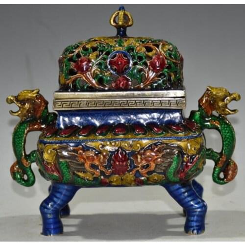 China brass cloisonne double dragon ear Incense burner crafts statue