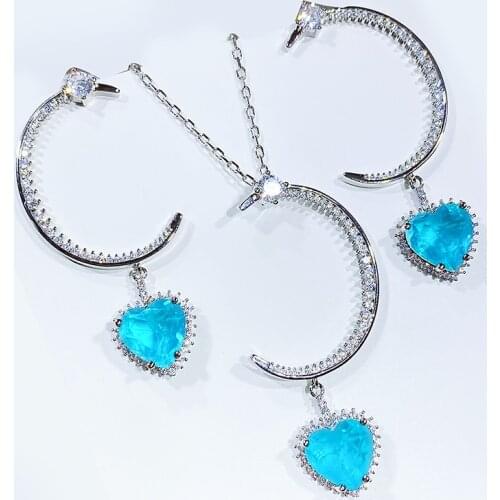 Real Gold-Plated Blue Paraiba Heart-Shaped Earrings Moon Necklace Set Heart-Shaped Woman Jewelry Banquet Party Engagement Gift