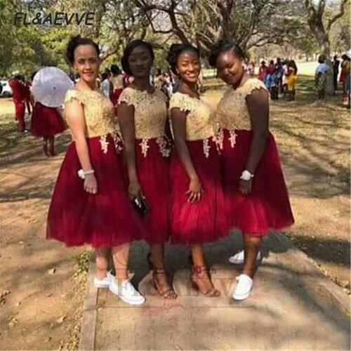 Short Bridesmaid Dresses South African Tea-Length Lace Applique 2021 A-Line Bridesmaid Dress Black Girls Wedding Party Gown