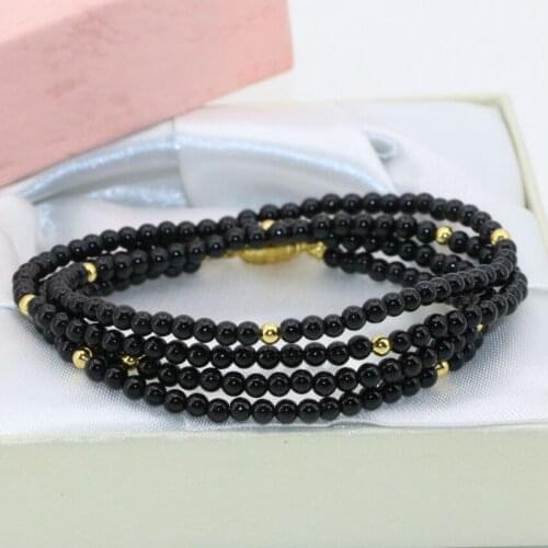 Hot Sale Magnetic Clasp 3mm Natural Black Onyx Carnelian Round Beads Long Chain Multilayer Bracelets 4 Rows Unique Jewelry B2791