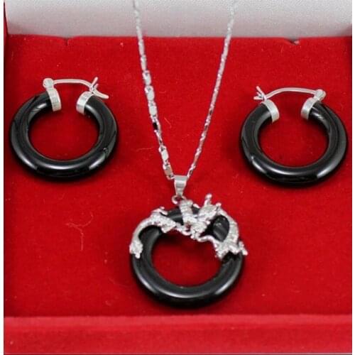 Fashion metal silver plated micro inlaid Panlong black Jade Pendant + Earring Set