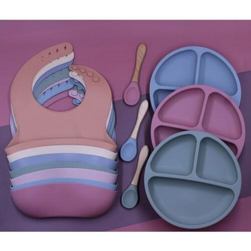 3 Piece Sets Baby Ttableware Baby Silicone Plate With Suction Cup Plus Silicone Infant Feeding Spoon And Children Waterproof Bib