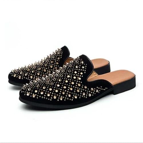 New Men Casual Shoes Designer Rivet Dress Shoes Loafers Fashion Chaussure Homme Cuir Half Slippers Zapatos Hombre Party Flats 1a