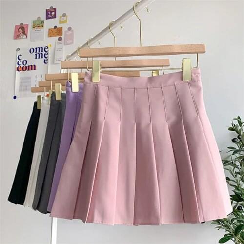 2021 new female black skirt summer high waist gothic anti-glare a-line pleated skirt purple short skirt QZ0342