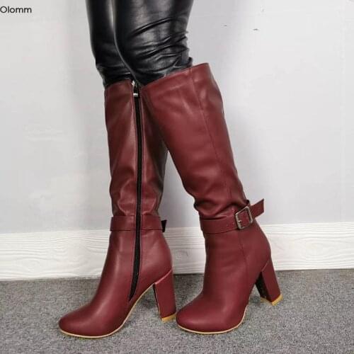 Olomm Handmade Women Knee High Boots Square High Heels Boots Pointed Toe Gorgeous Wine Red Party Shoes Women Plus US Size 5-15