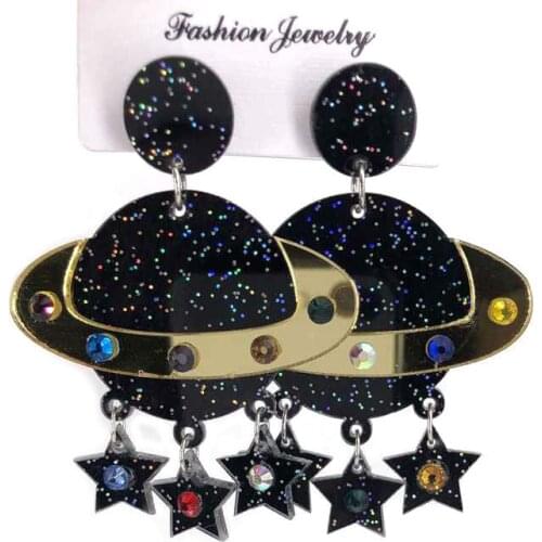 Exaggerated Colored Crystal Five-pointed Star Tassel Acrylic Eardrop The World of Science Black Starry Sky Universe Earrings