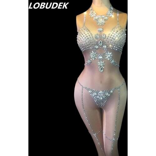 Silvery Rhinestones Sleeveless Jumpsuit Prom Party Jumpsuits Sexy Bar Female DJ DS Costume Pole Dance Show Singer Stage Wear