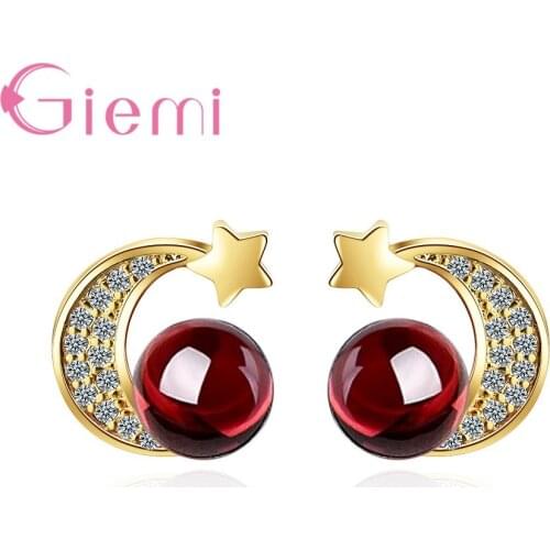 New Fashion 925 Sterling Silver Red Garnet Stud Earring CZ Stone Pierced Dangle Moon Star Earrings Wedding Jewelry Gift